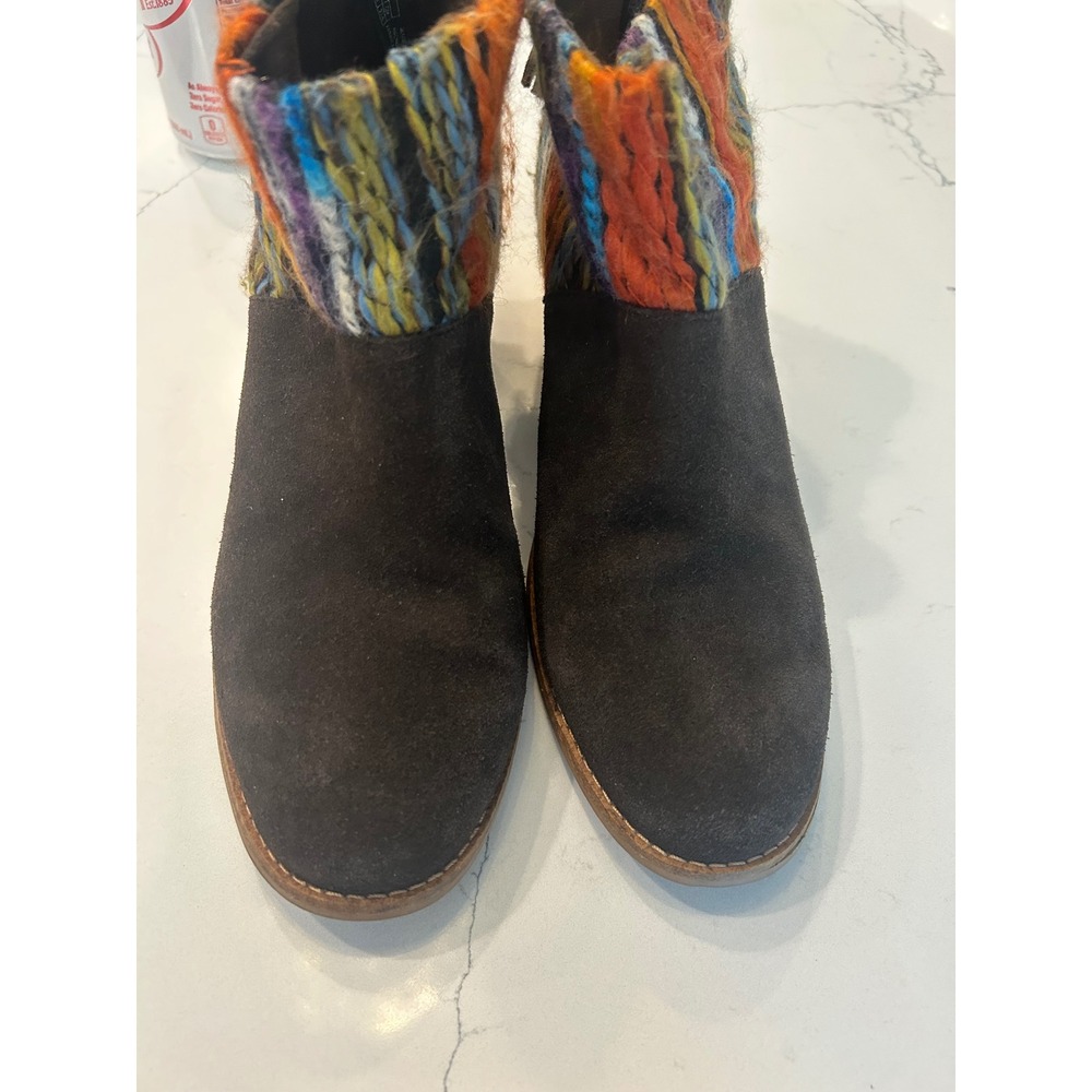 TOMS Ankle Booties Brown Suede Multi-Color Woven Tassel Zip Block Heel Boots - Picture 2 of 8